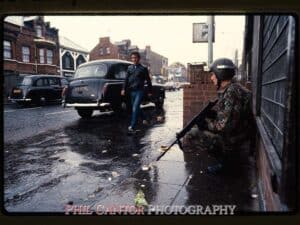 British soldier on high street, Belfast, NI 1984